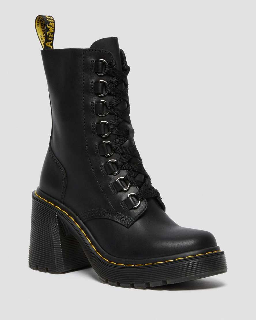 Dr Martens Lace Up Boots Women's Chesney Flared Heel Leather Black | Malaysia 83529-ICLB